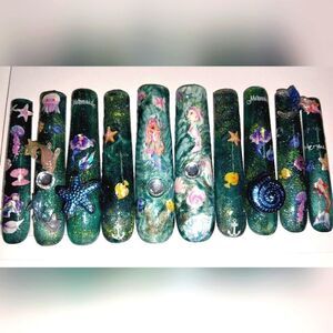 Hand crafted custom mermaid design10pc 3xl long acrylic press on nails sz medium